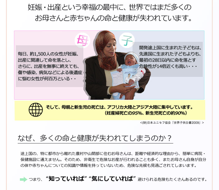 妊娠・出産という幸福の最中に、世界では多くのお母さんと赤ちゃんの命と健康が失われています。